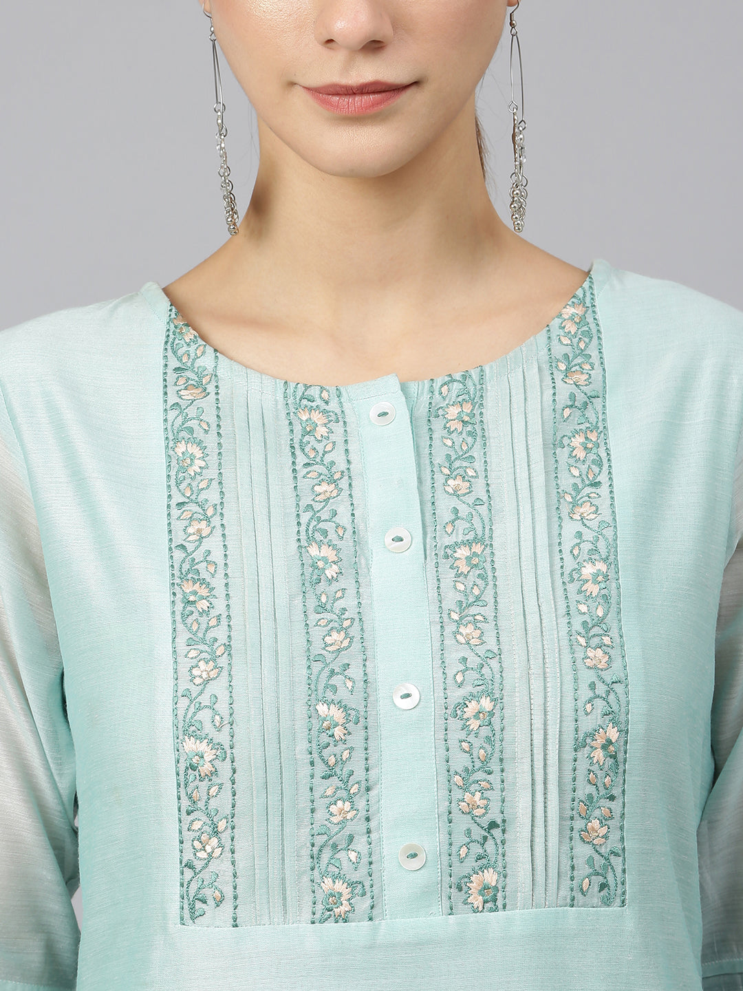 Janasya Women's Sea Blue Chanderi Silk Solid Kurta With Pant And Dupatta