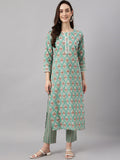 Janasya Women's Mint Green Cotton Floral Printed Straight Casual Kurta Set