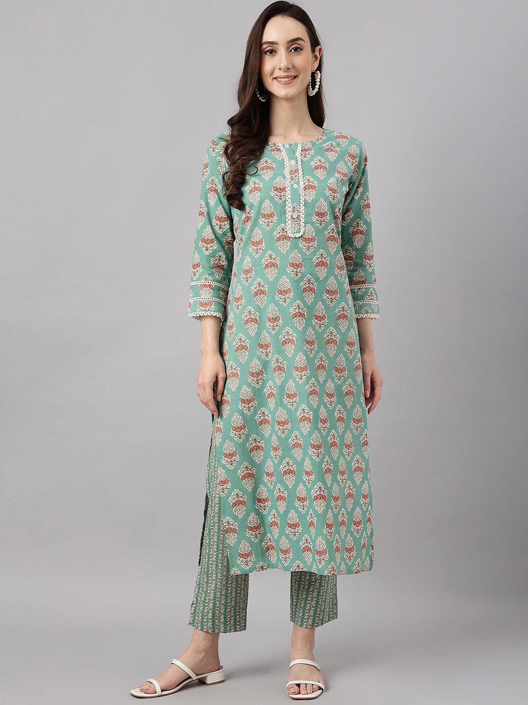 Janasya Women's Mint Green Cotton Floral Printed Straight Casual Kurta Set
