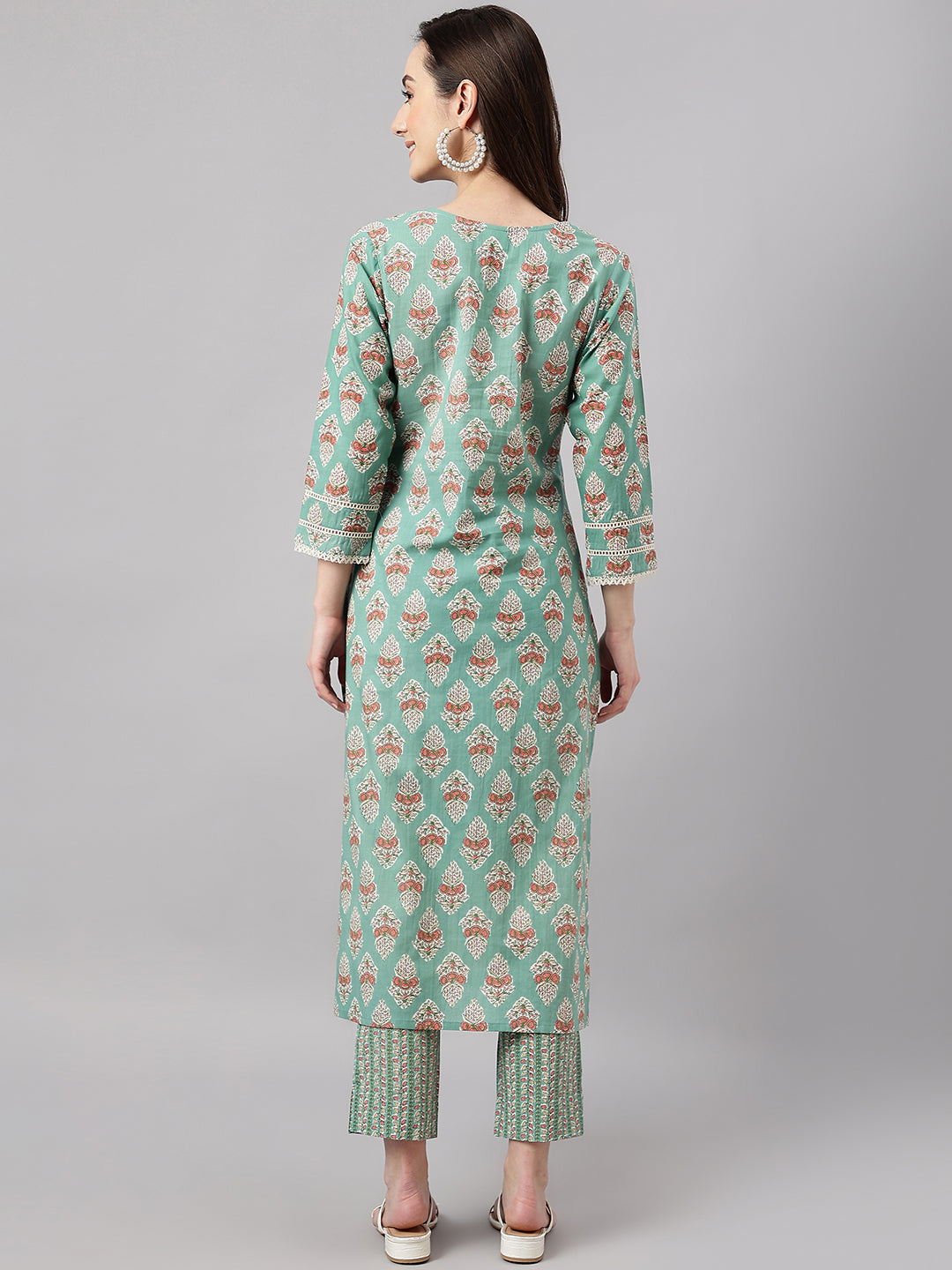 Janasya Women's Mint Green Cotton Floral Printed Straight Casual Kurta Set