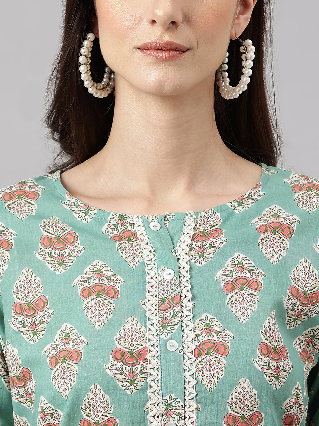 Janasya Women's Mint Green Cotton Floral Printed Straight Casual Kurta Set