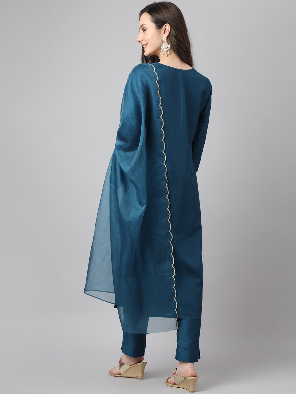 Janasya Women's Teal Chinon Solid Straight Festive Kurta Set