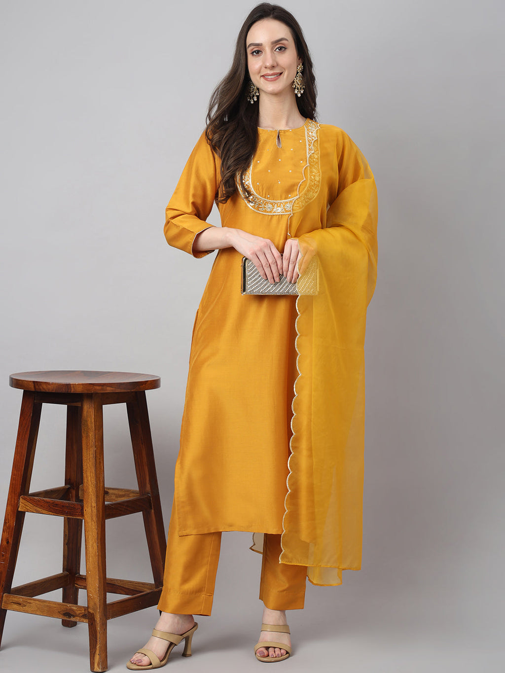 Janasya Women's Mustard Chinon Solid Straight Festive Kurta Set