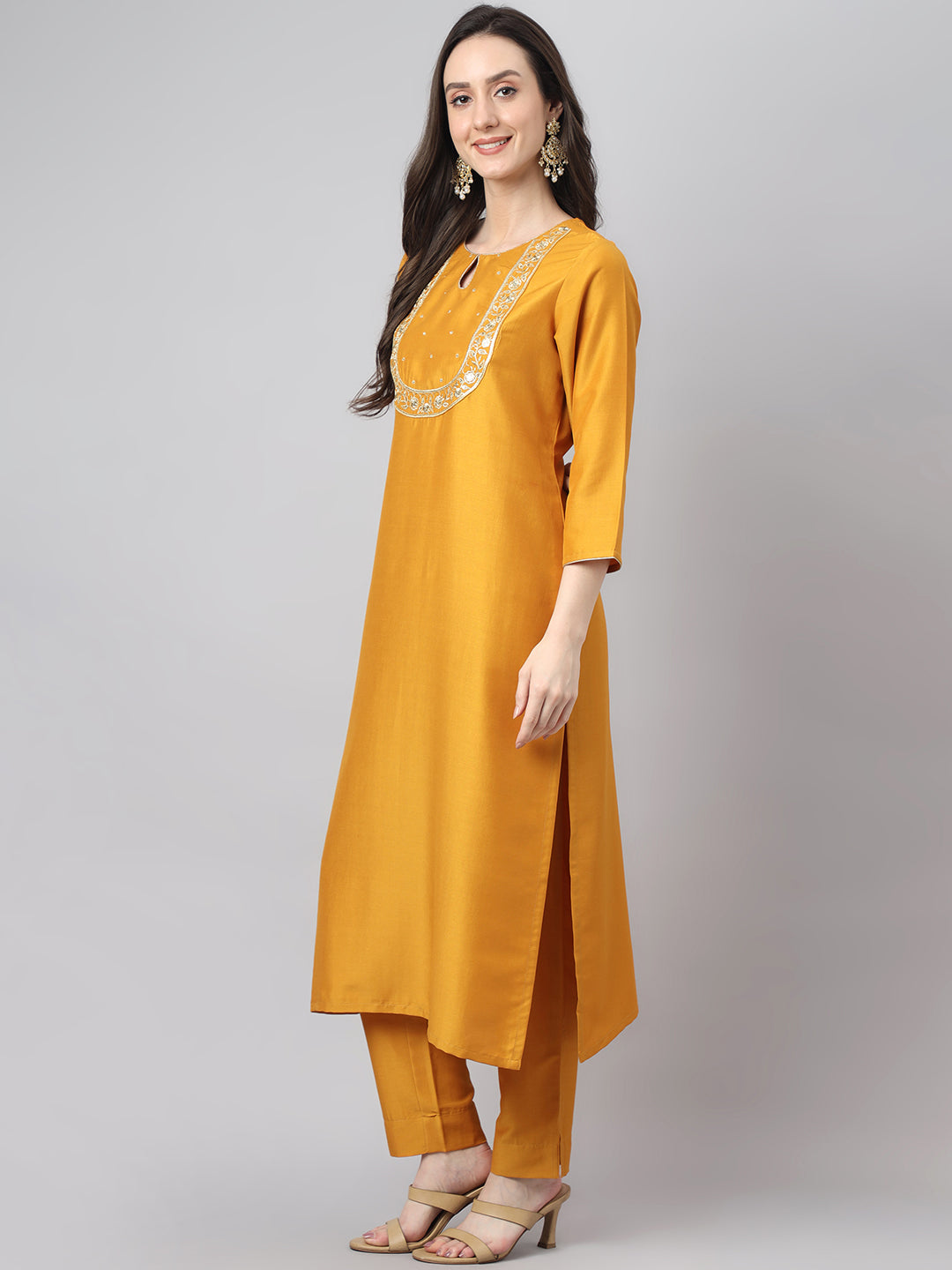Janasya Women's Mustard Chinon Solid Straight Festive Kurta Set