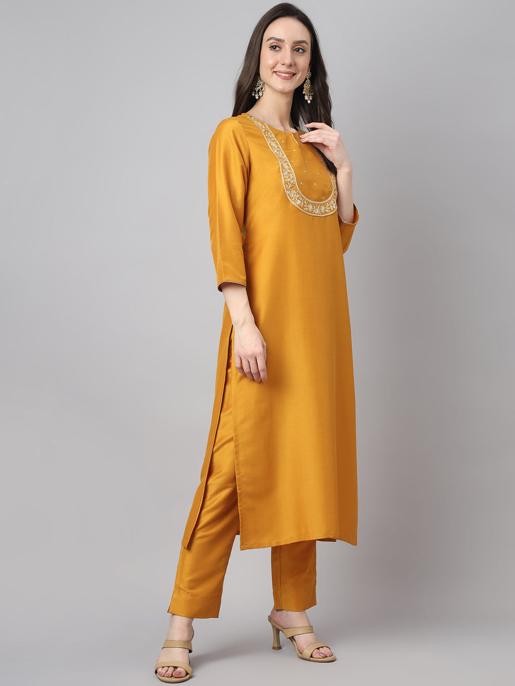 Janasya Women's Mustard Chinon Solid Straight Festive Kurta Set