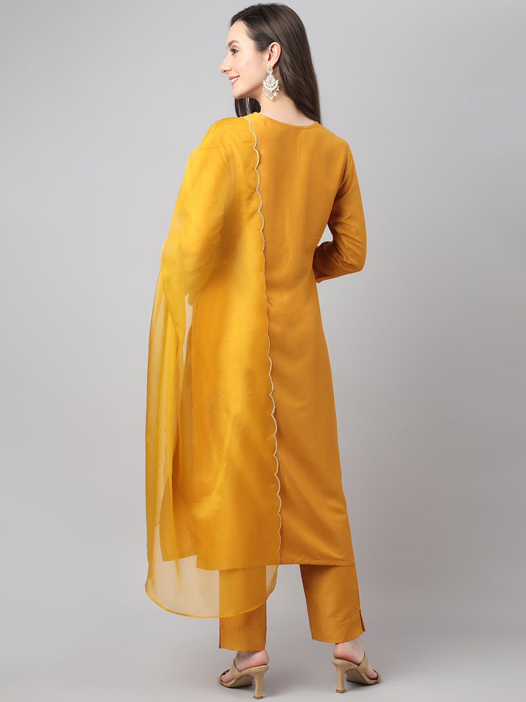 Janasya Women's Mustard Chinon Solid Straight Festive Kurta Set