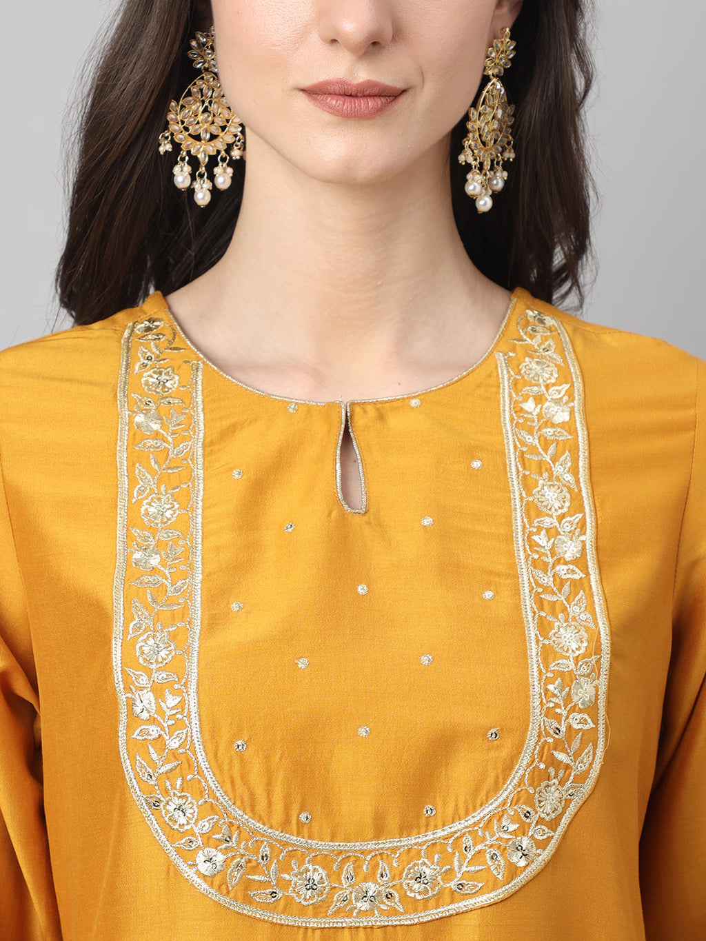 Janasya Women's Mustard Chinon Solid Straight Festive Kurta Set