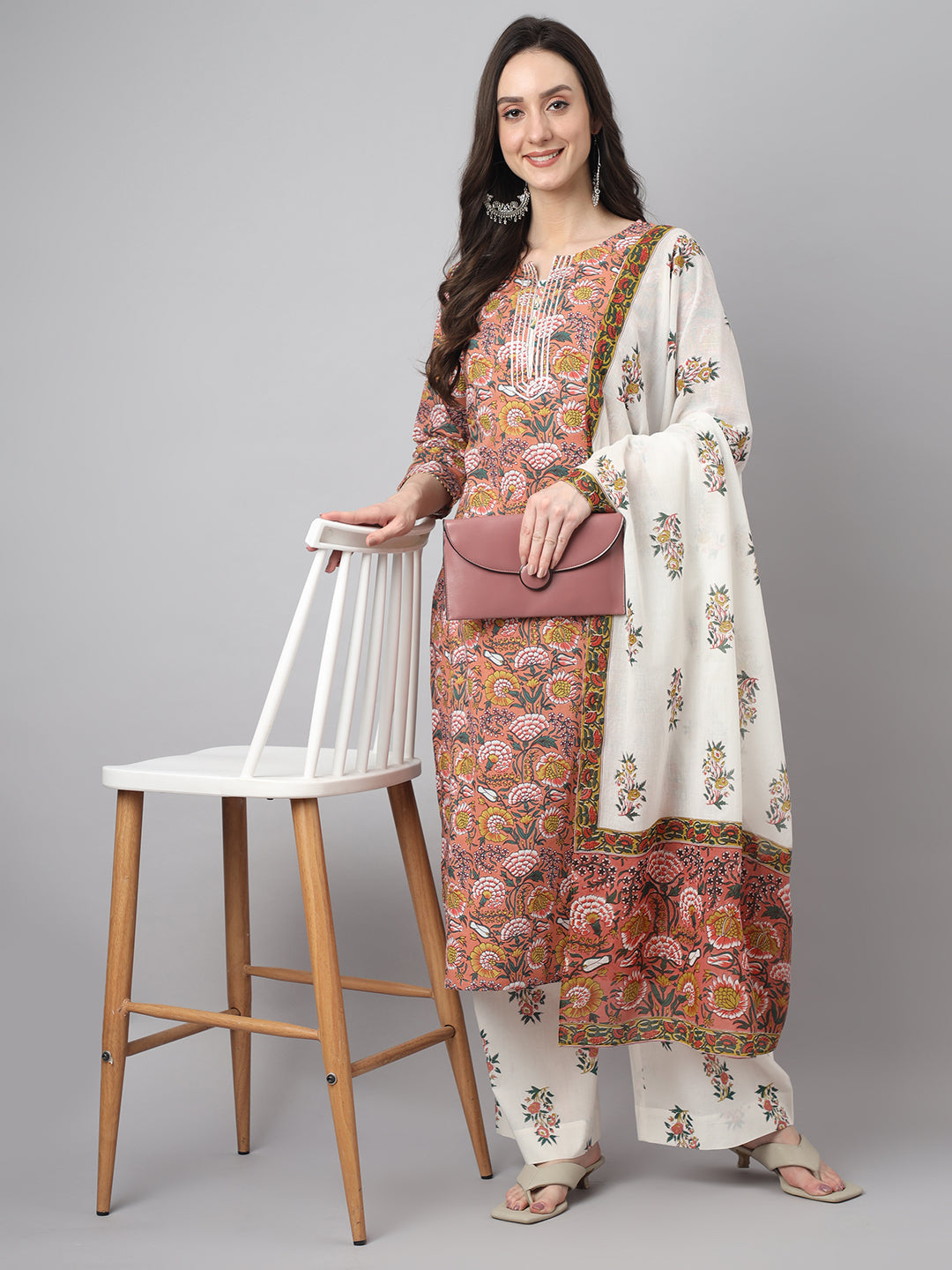 Janasya Women's Pink Cotton Floral Printed Straight Festive Kurta Set