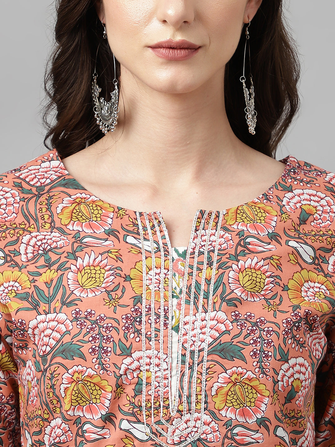 Janasya Women's Pink Cotton Floral Printed Straight Festive Kurta Set