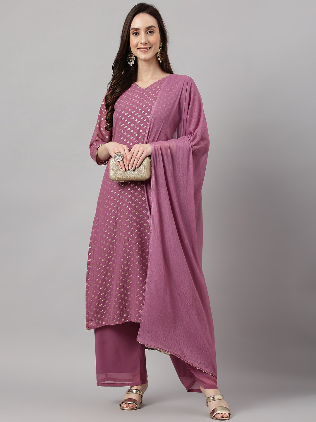 Janasya Women's Purple Georgette Foil Printed Straight Festive Kurta Set
