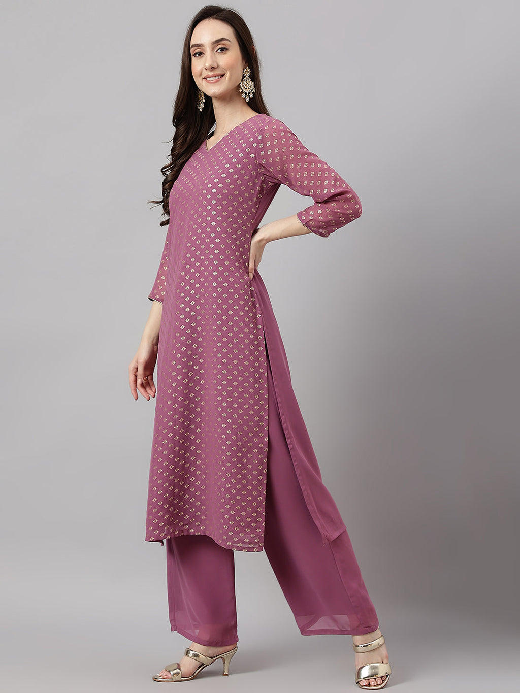 Janasya Women's Purple Georgette Foil Printed Straight Festive Kurta Set