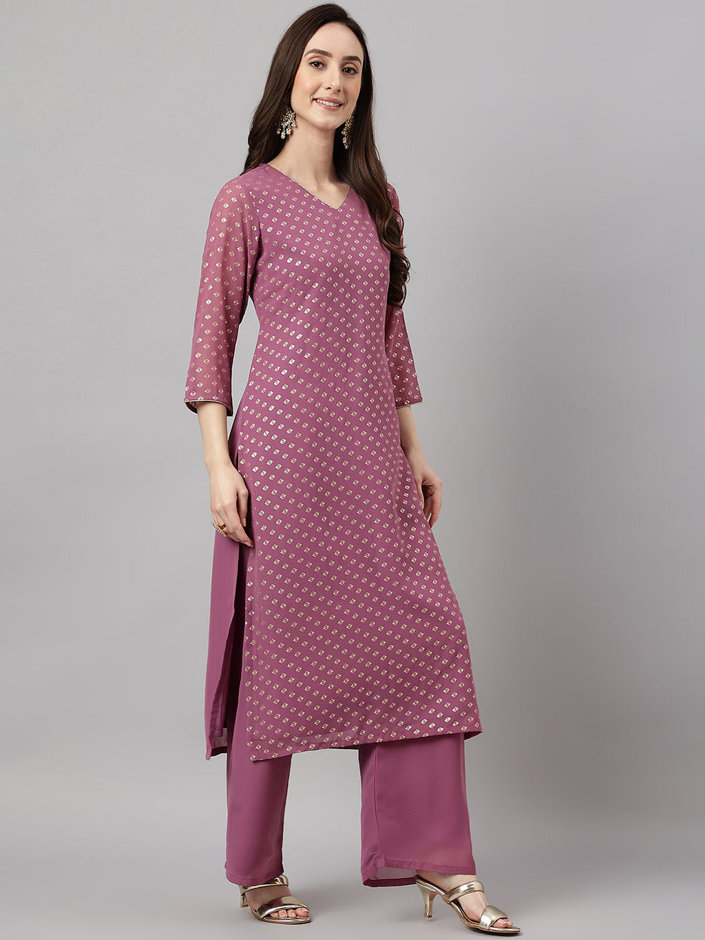 Janasya Women's Purple Georgette Foil Printed Straight Festive Kurta Set