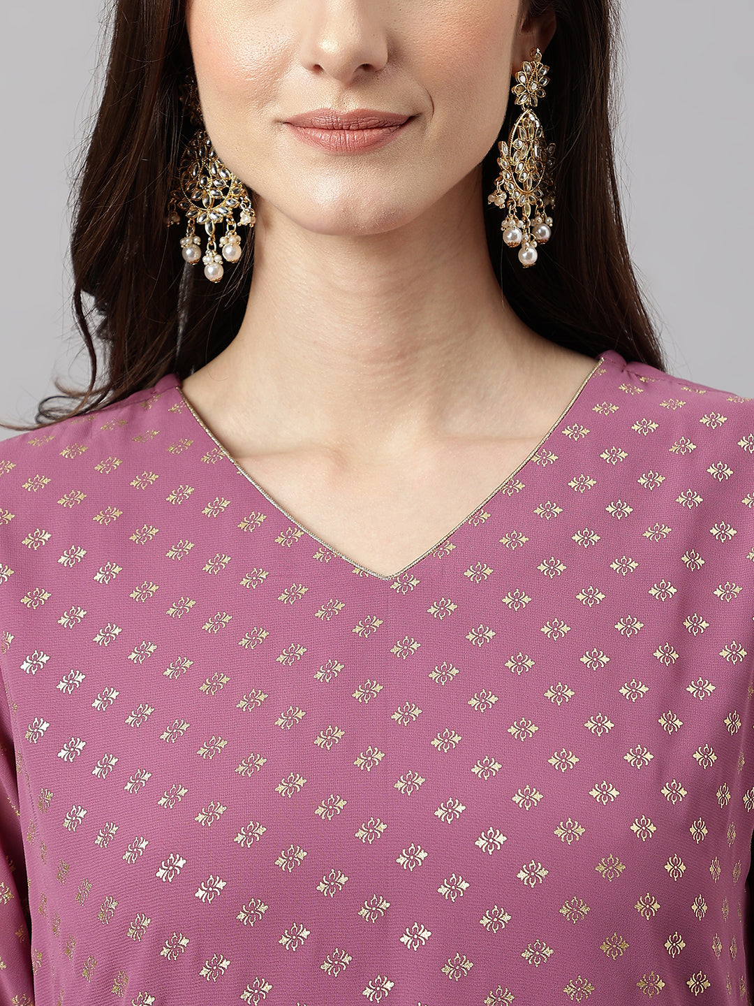 Janasya Women's Purple Georgette Foil Printed Straight Festive Kurta Set