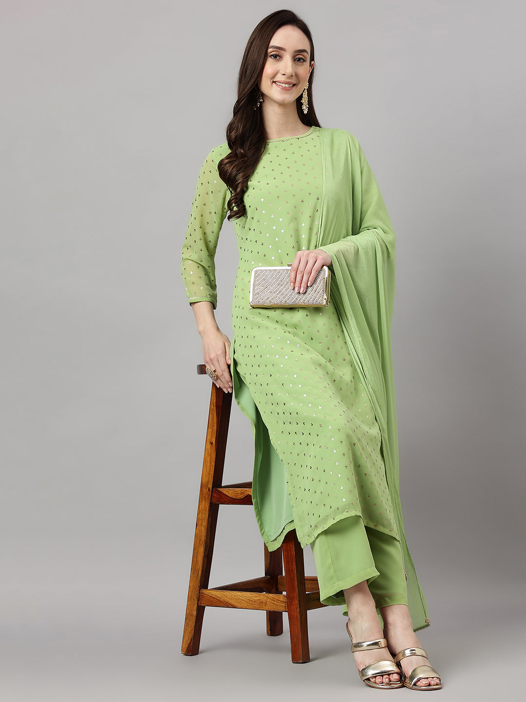 Janasya Women's Green Georgette Foil Printed Straight Festive Kurta Set