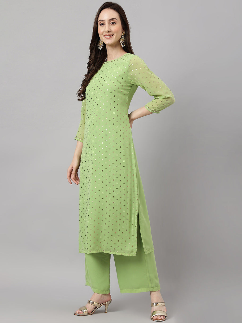 Janasya Women's Green Georgette Foil Printed Straight Festive Kurta Set
