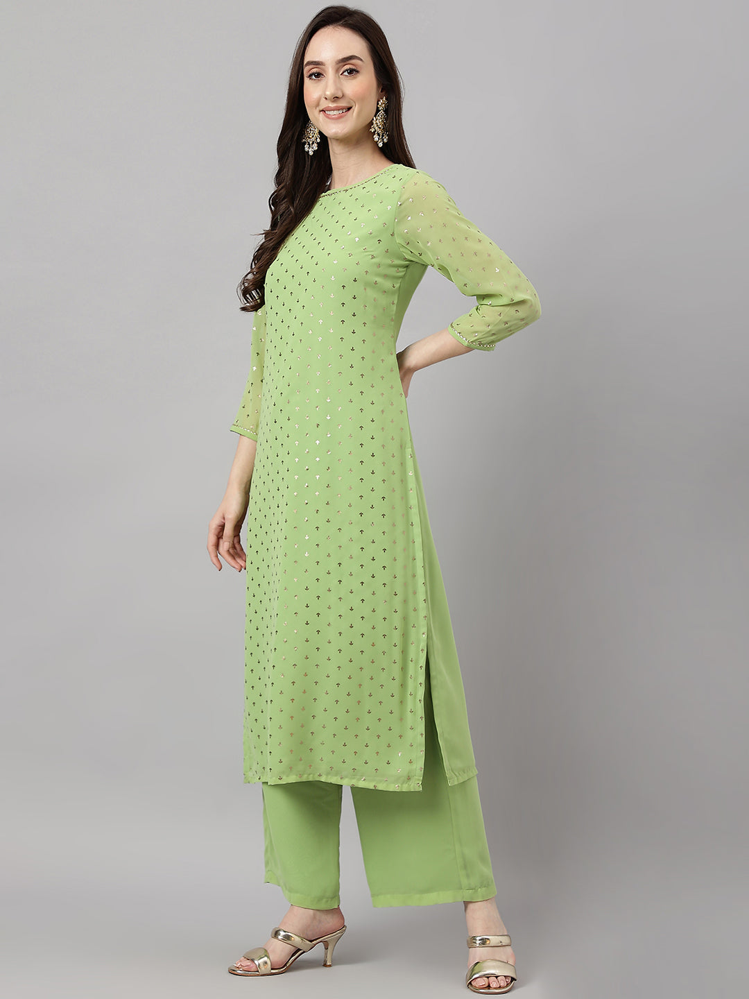Janasya Women's Green Georgette Foil Printed Straight Festive Kurta Set