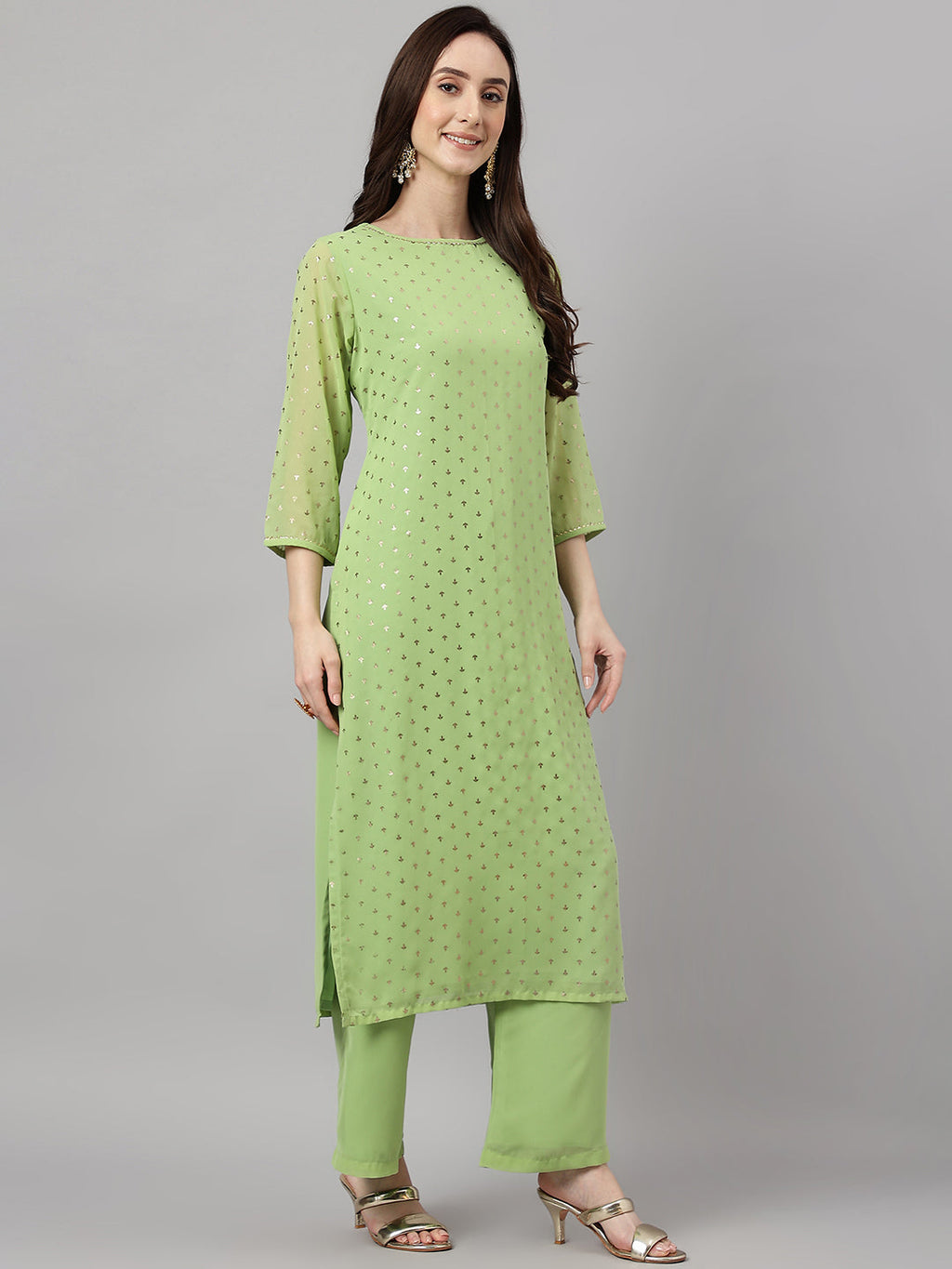 Janasya Women's Green Georgette Foil Printed Straight Festive Kurta Set