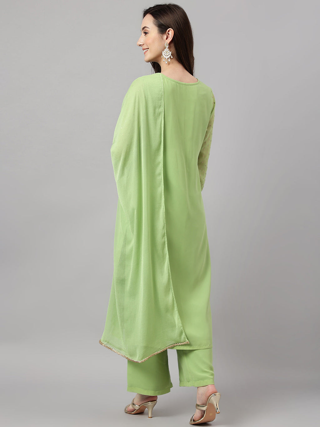 Janasya Women's Green Georgette Foil Printed Straight Festive Kurta Set