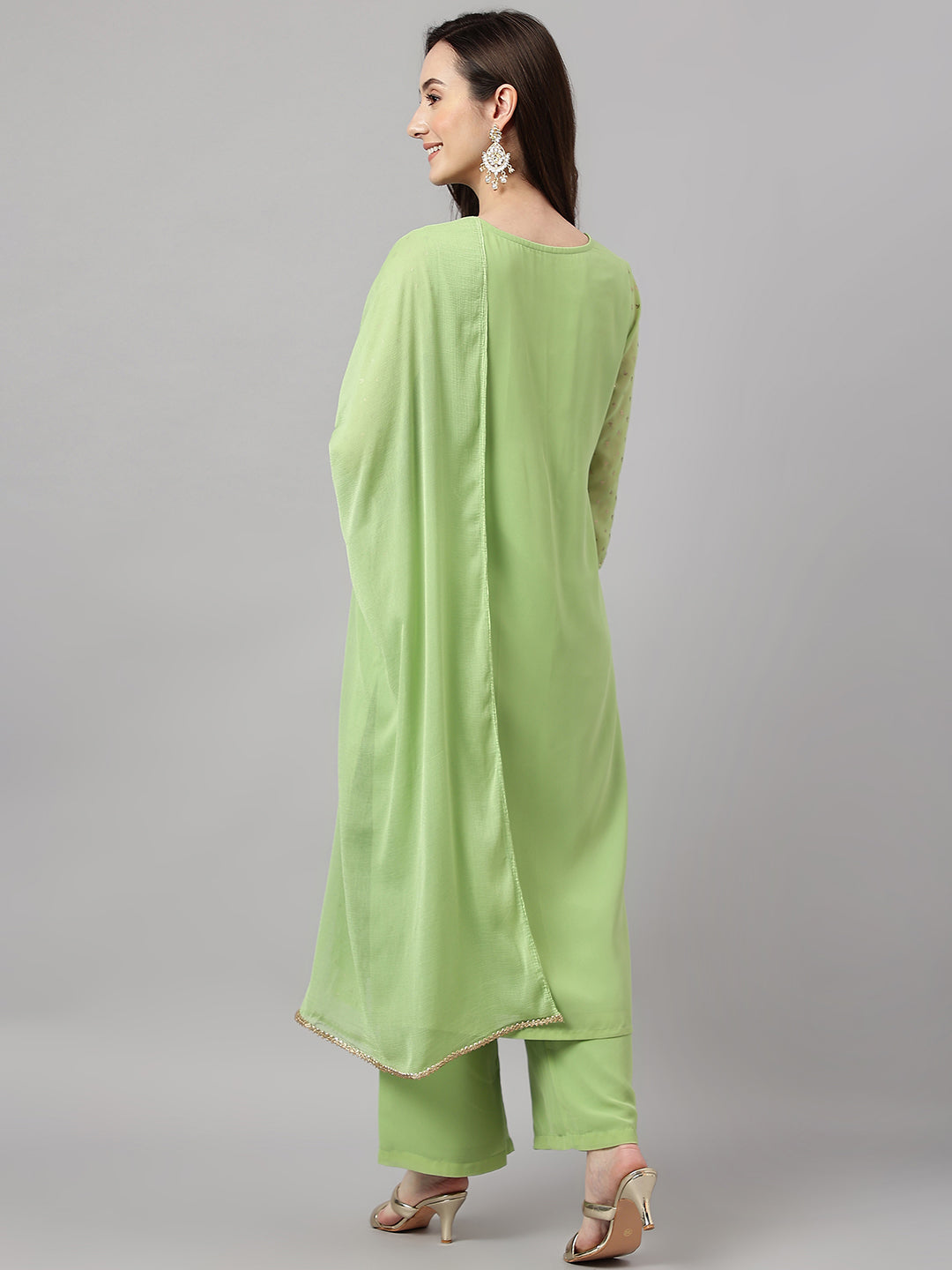 Janasya Women's Green Georgette Foil Printed Straight Festive Kurta Set