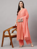 Janasya Women's Peach Georgette Foil Printed Gathered Festive Kurta Set