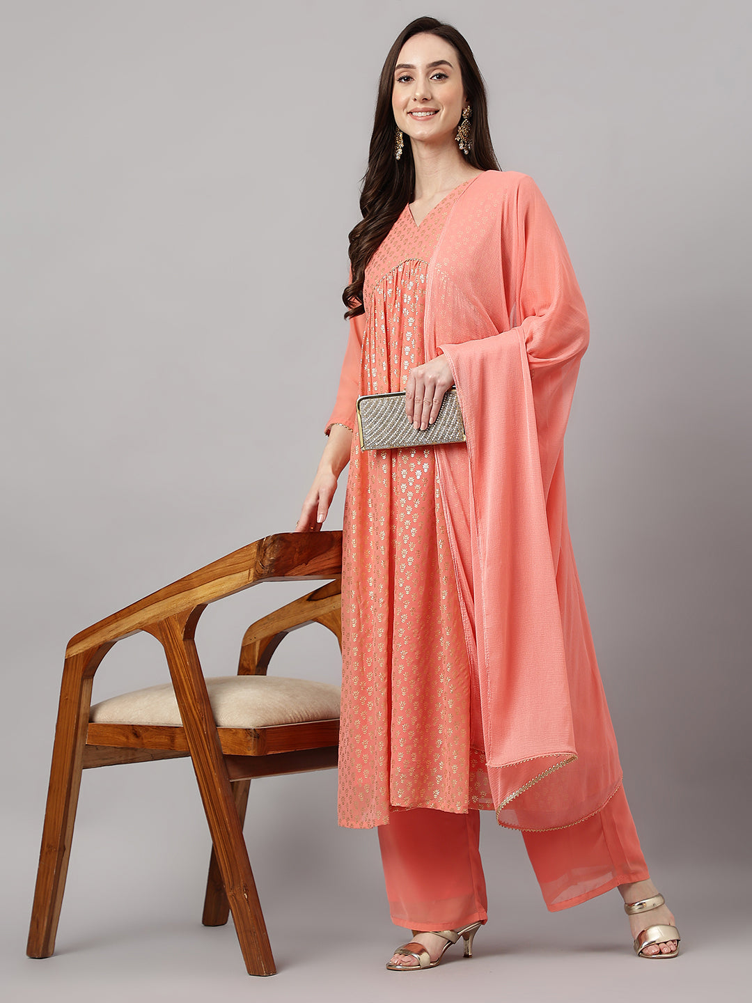 Janasya Women's Peach Georgette Foil Printed Gathered Festive Kurta Set