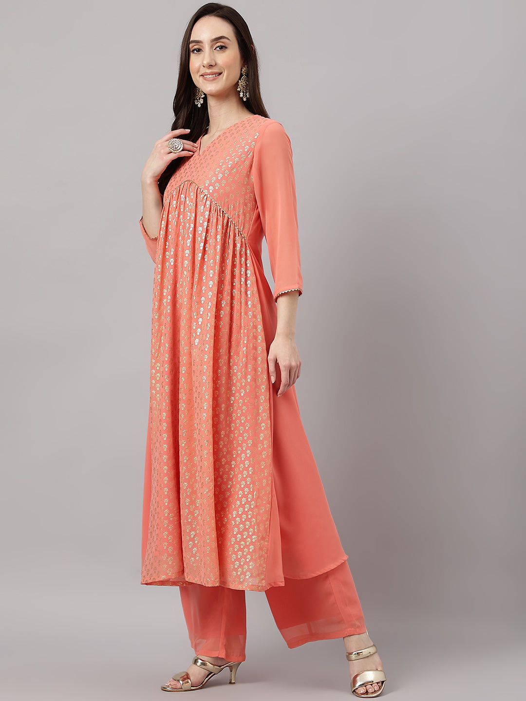 Janasya Women's Peach Georgette Foil Printed Gathered Festive Kurta Set
