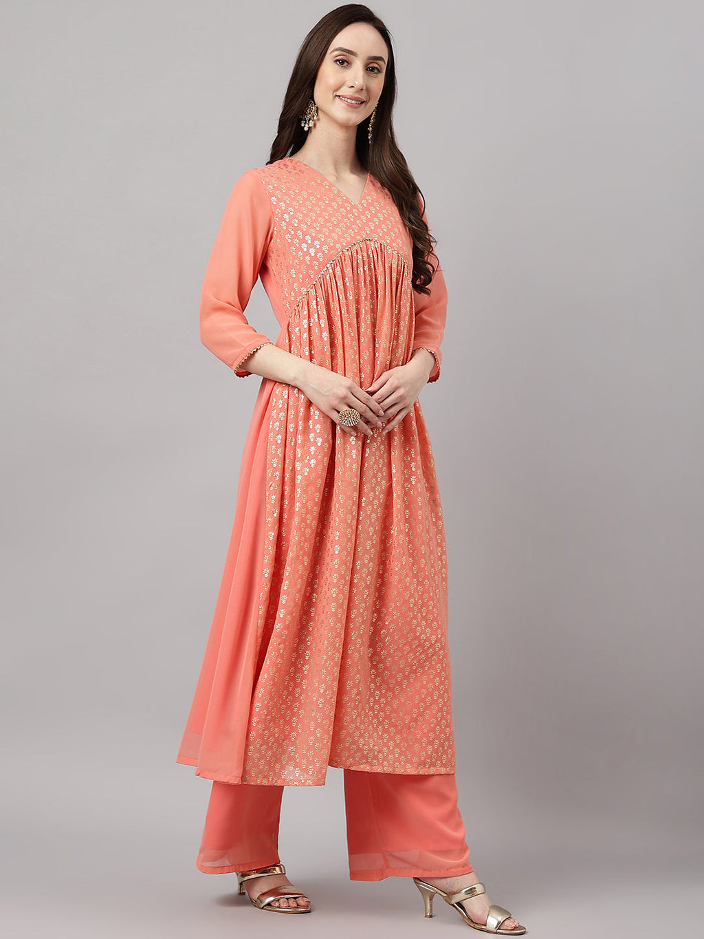 Janasya Women's Peach Georgette Foil Printed Gathered Festive Kurta Set