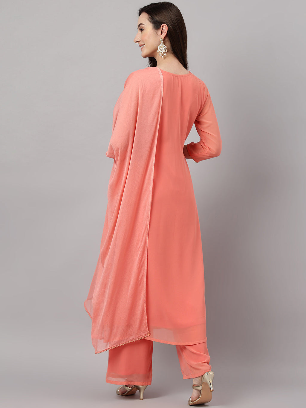 Janasya Women's Peach Georgette Foil Printed Gathered Festive Kurta Set