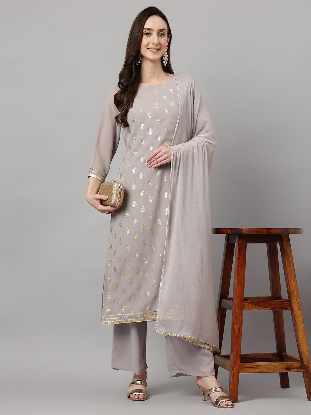 Janasya Women's Grey Georgette Foil Printed Straight Festive Kurta Set