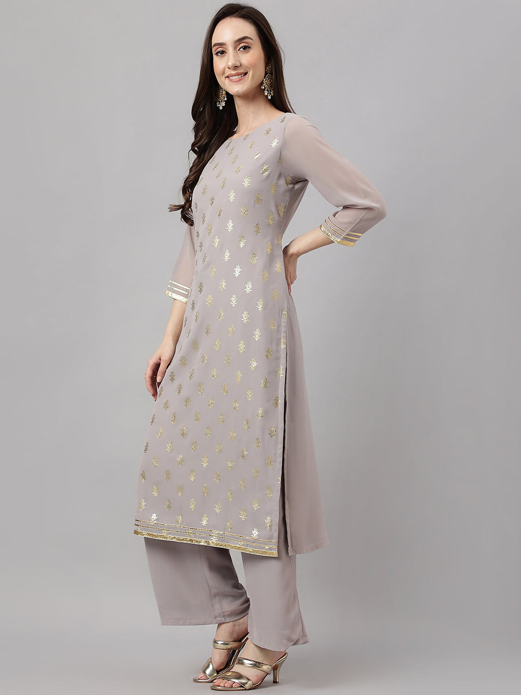 Janasya Women's Grey Georgette Foil Printed Straight Festive Kurta Set