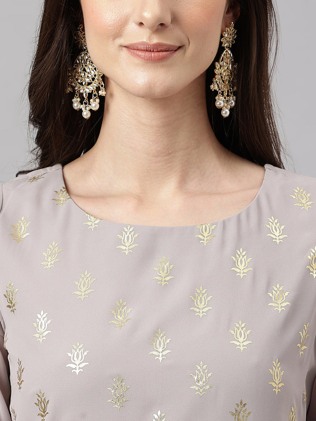Janasya Women's Grey Georgette Foil Printed Straight Festive Kurta Set