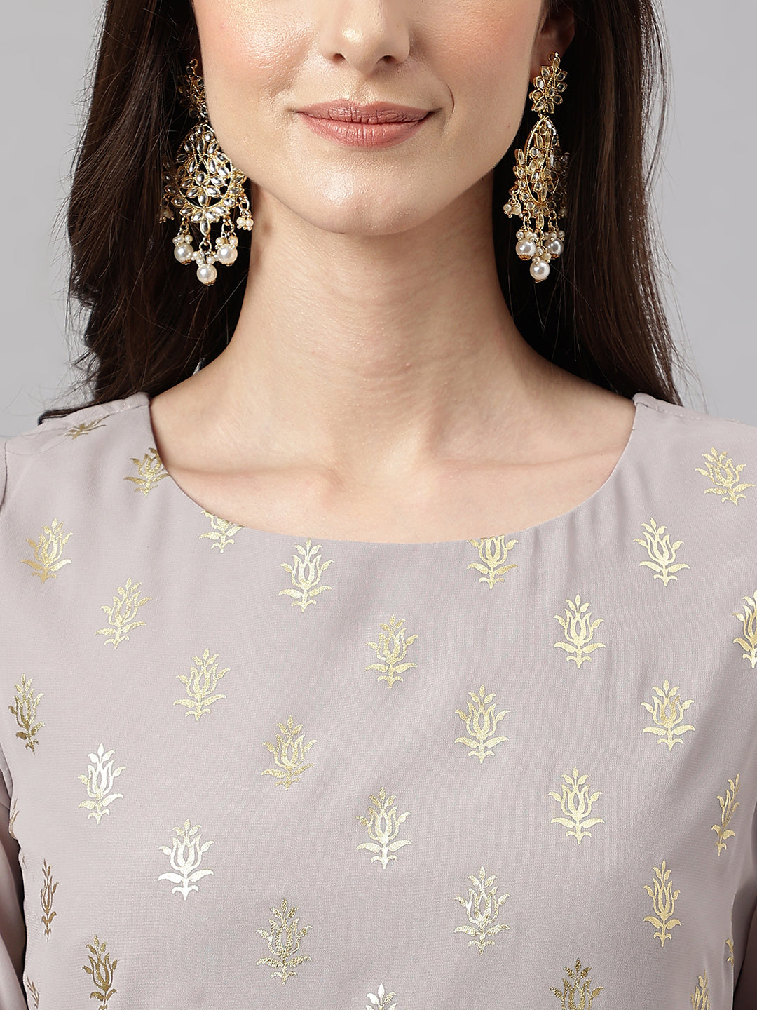 Janasya Women's Grey Georgette Foil Printed Straight Festive Kurta Set