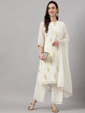 Janasya Women's Off White Georgette Foil Printed Straight Festive Kurta Set