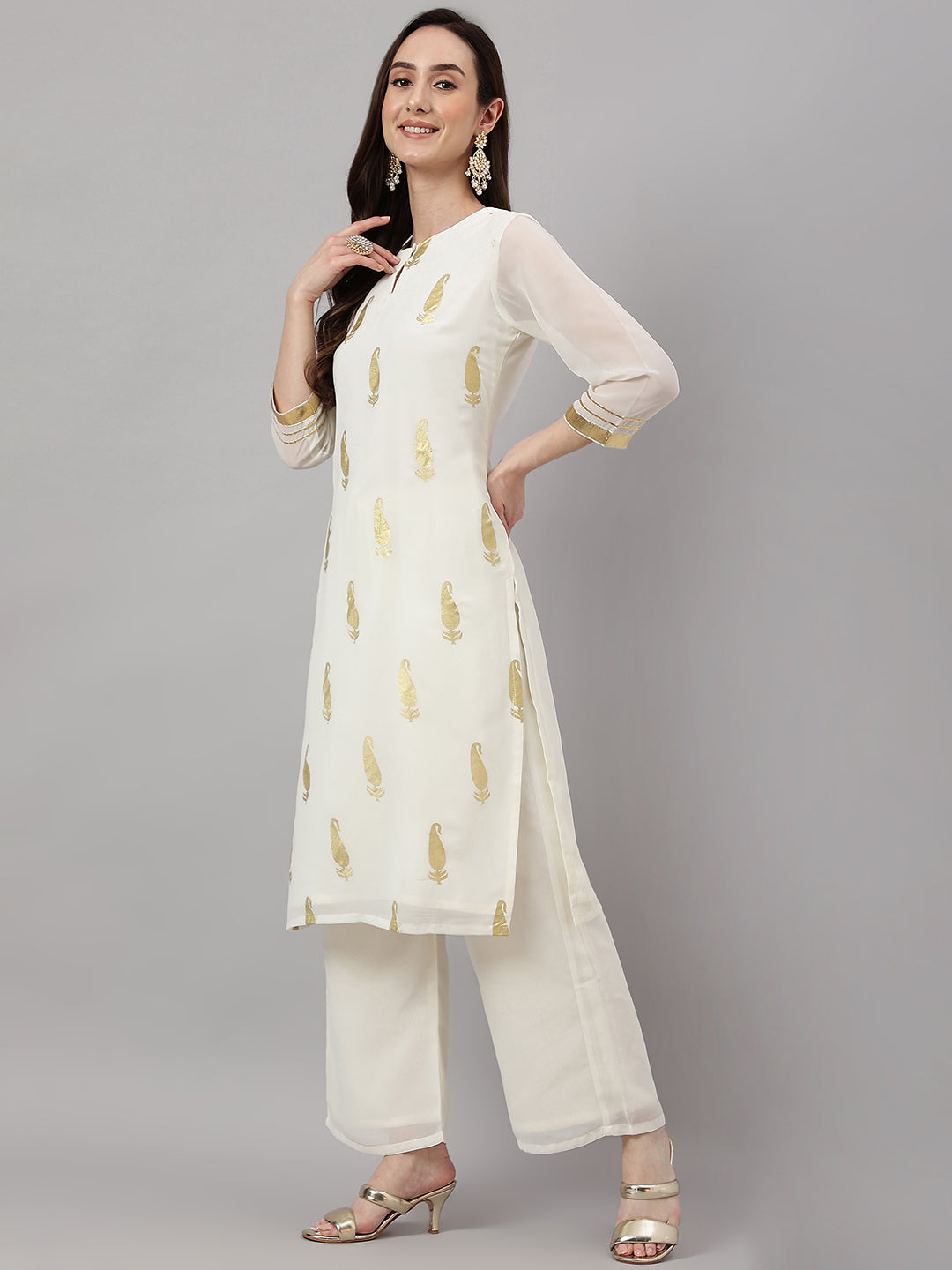 Janasya Women's Off White Georgette Foil Printed Straight Festive Kurta Set