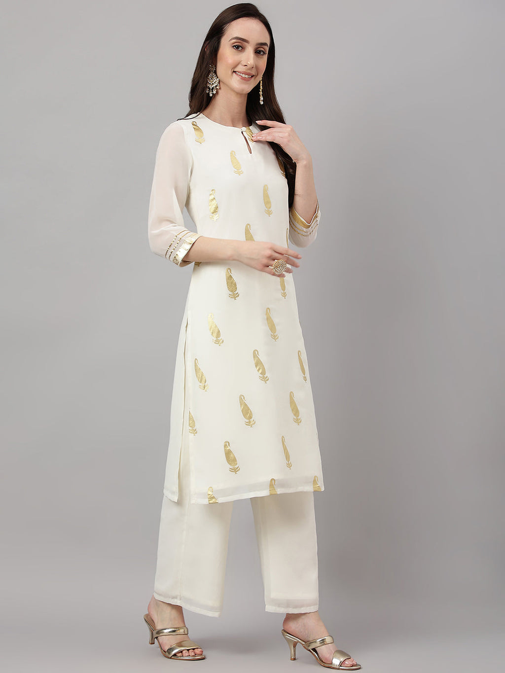 Janasya Women's Off White Georgette Foil Printed Straight Festive Kurta Set