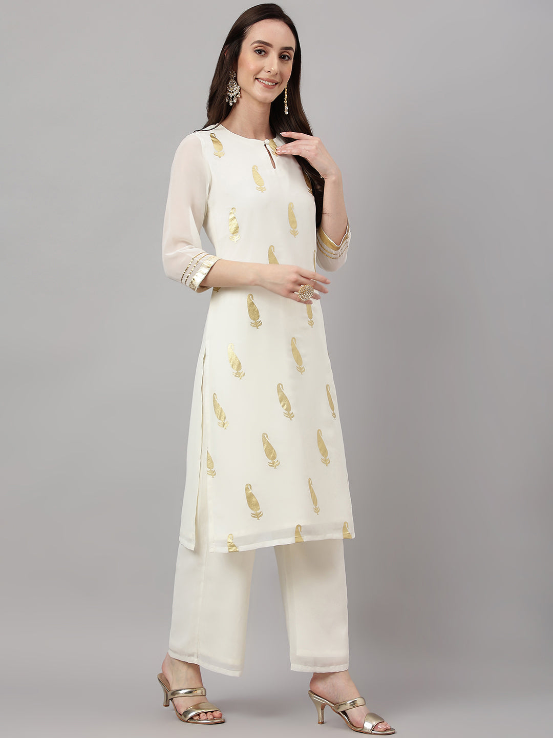 Janasya Women's Off White Georgette Foil Printed Straight Festive Kurta Set