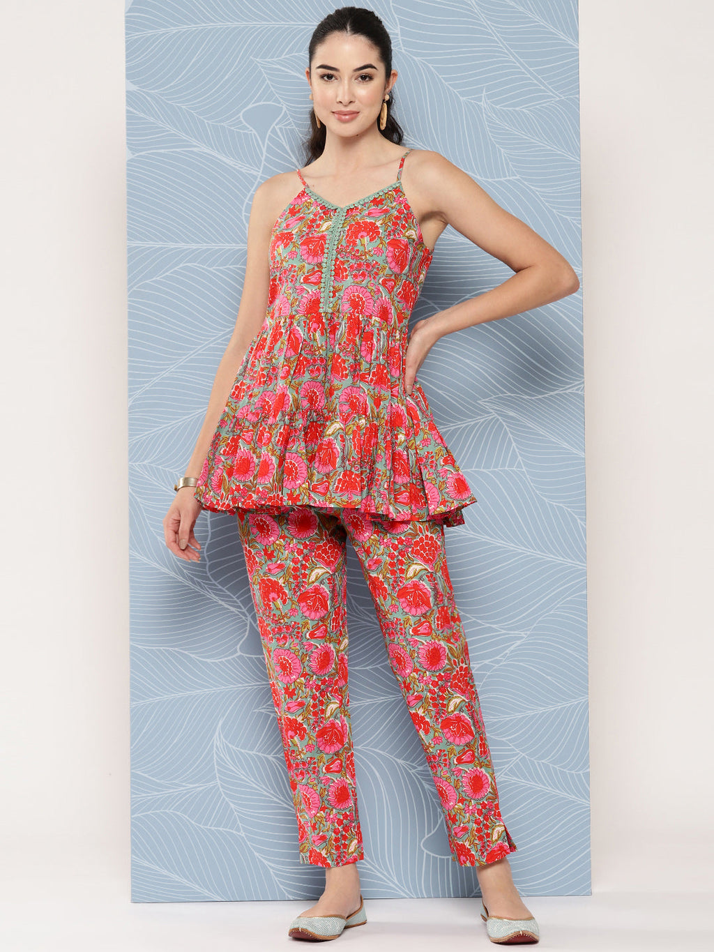 Janasya Women's Multicolor Cotton Floral Printed Peplum Casual Top Set