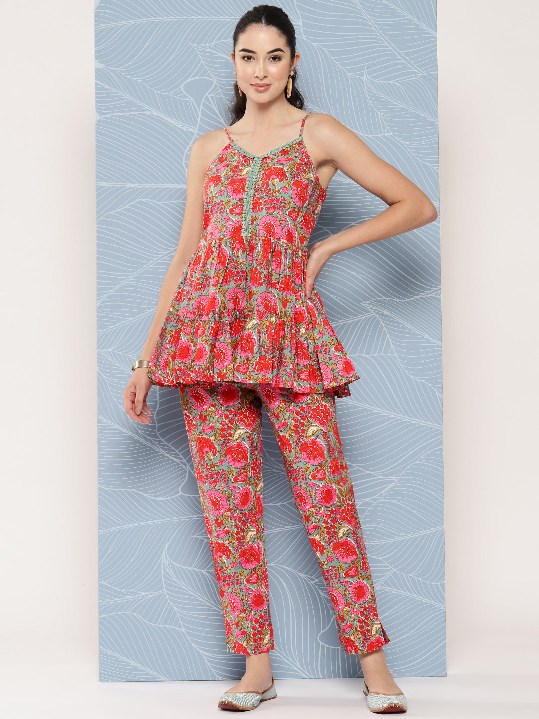 Janasya Women's Multicolor Cotton Floral Printed Peplum Casual Top Set