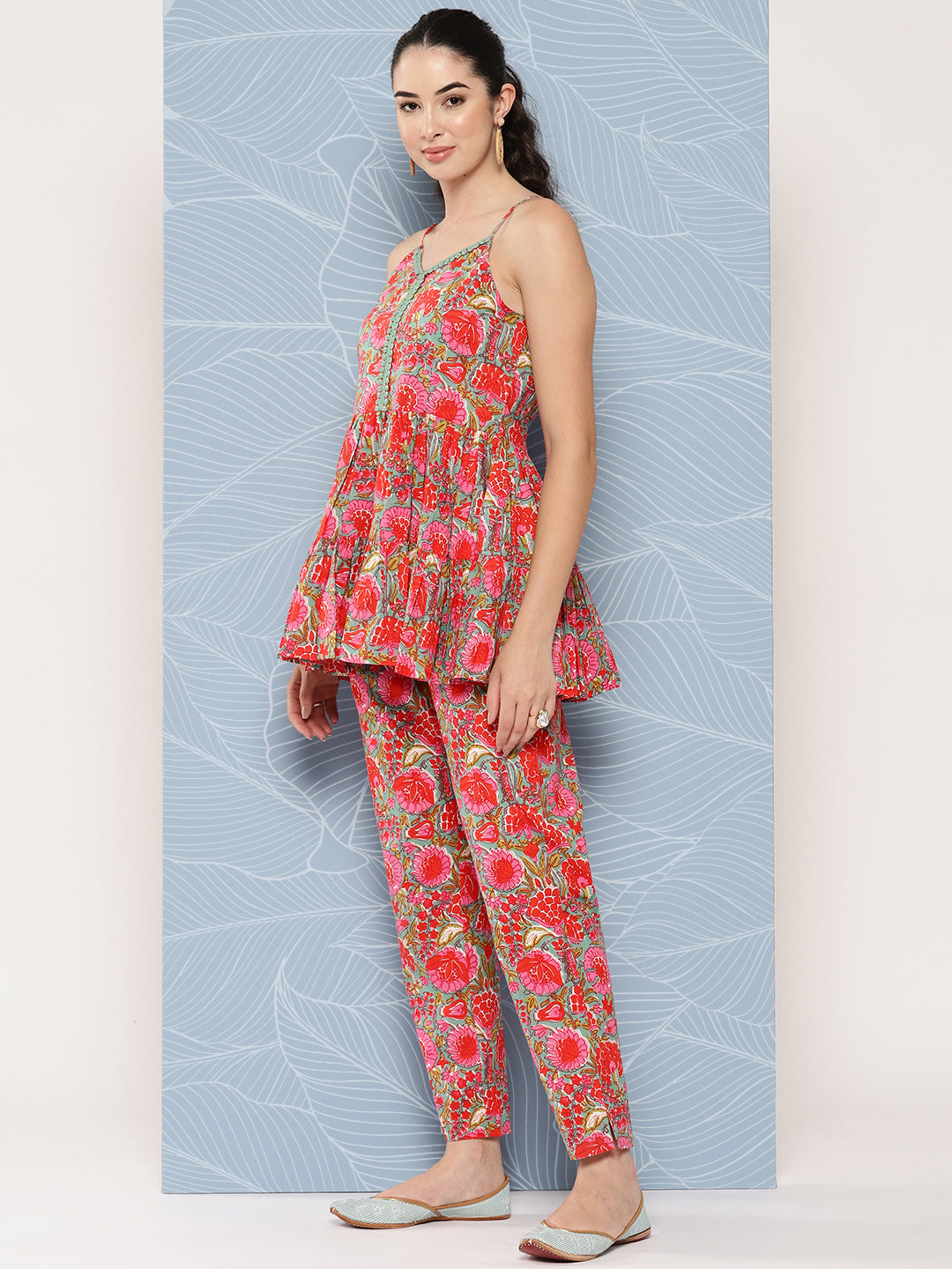 Janasya Women's Multicolor Cotton Floral Printed Peplum Casual Top Set