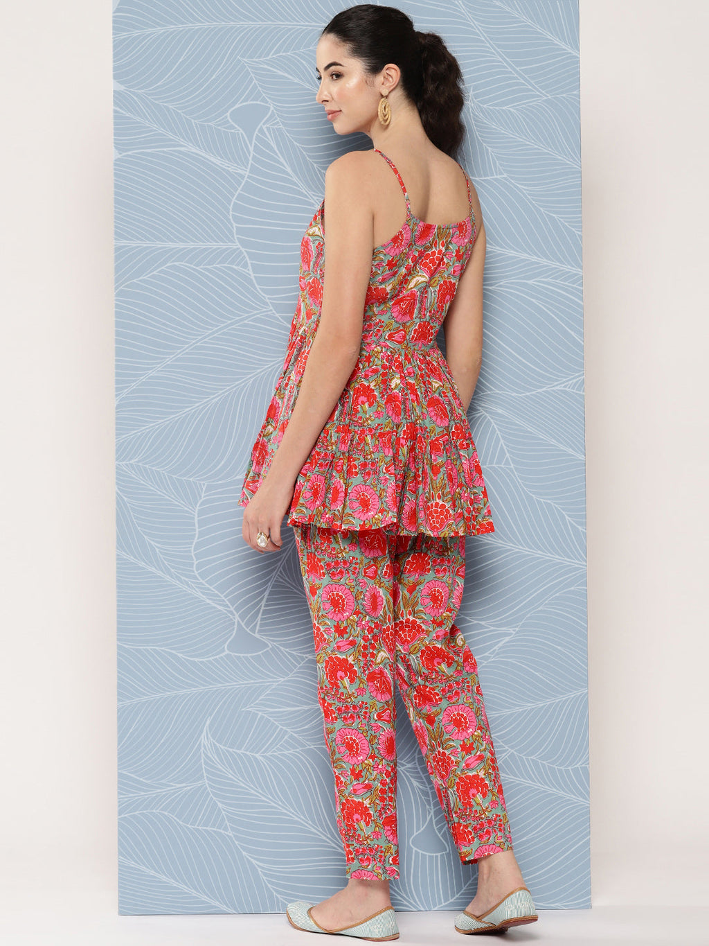 Janasya Women's Multicolor Cotton Floral Printed Peplum Casual Top Set