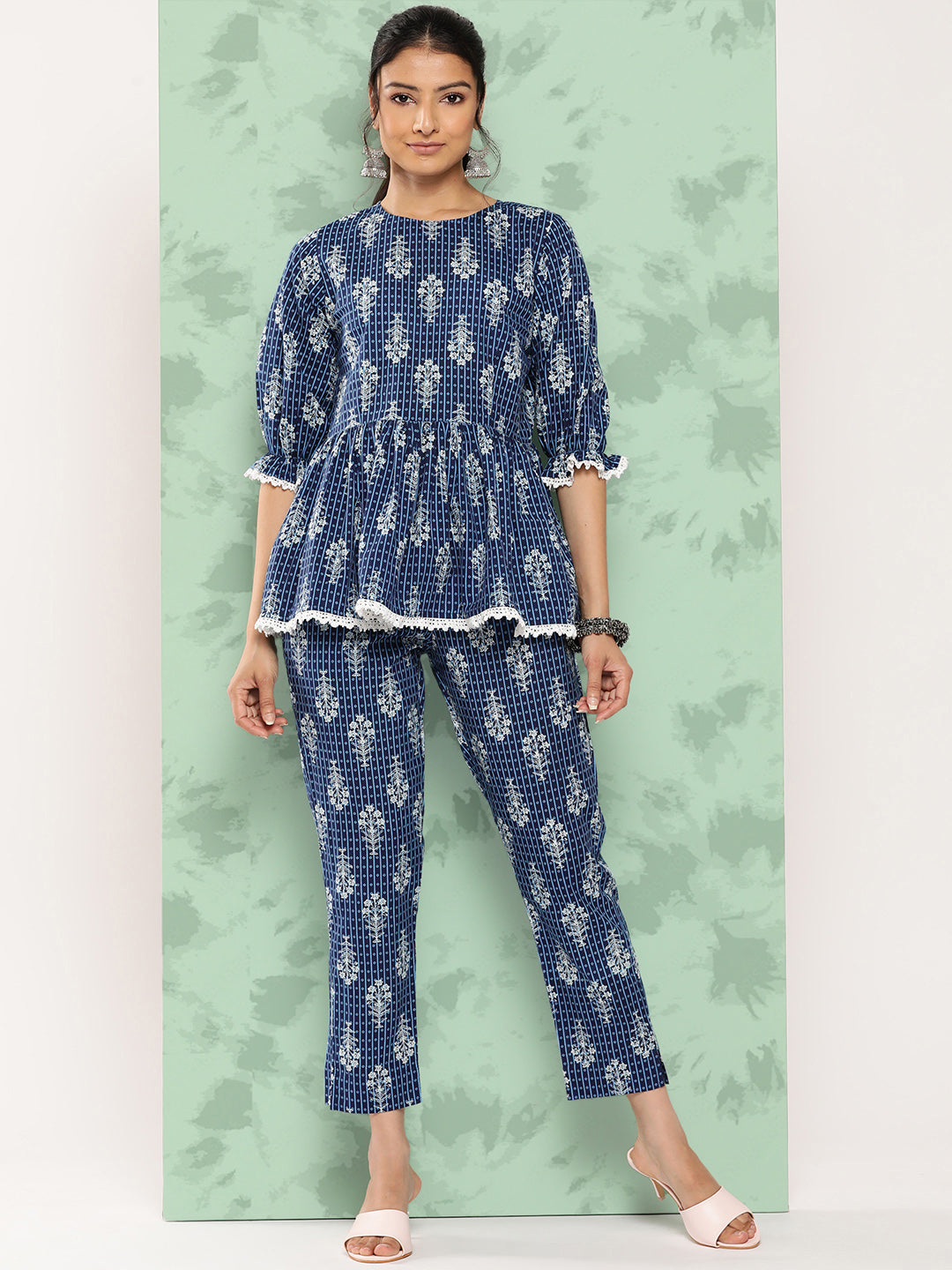 Janasya Women's Blue Cotton Floral Printed Peplum Casual Top Set
