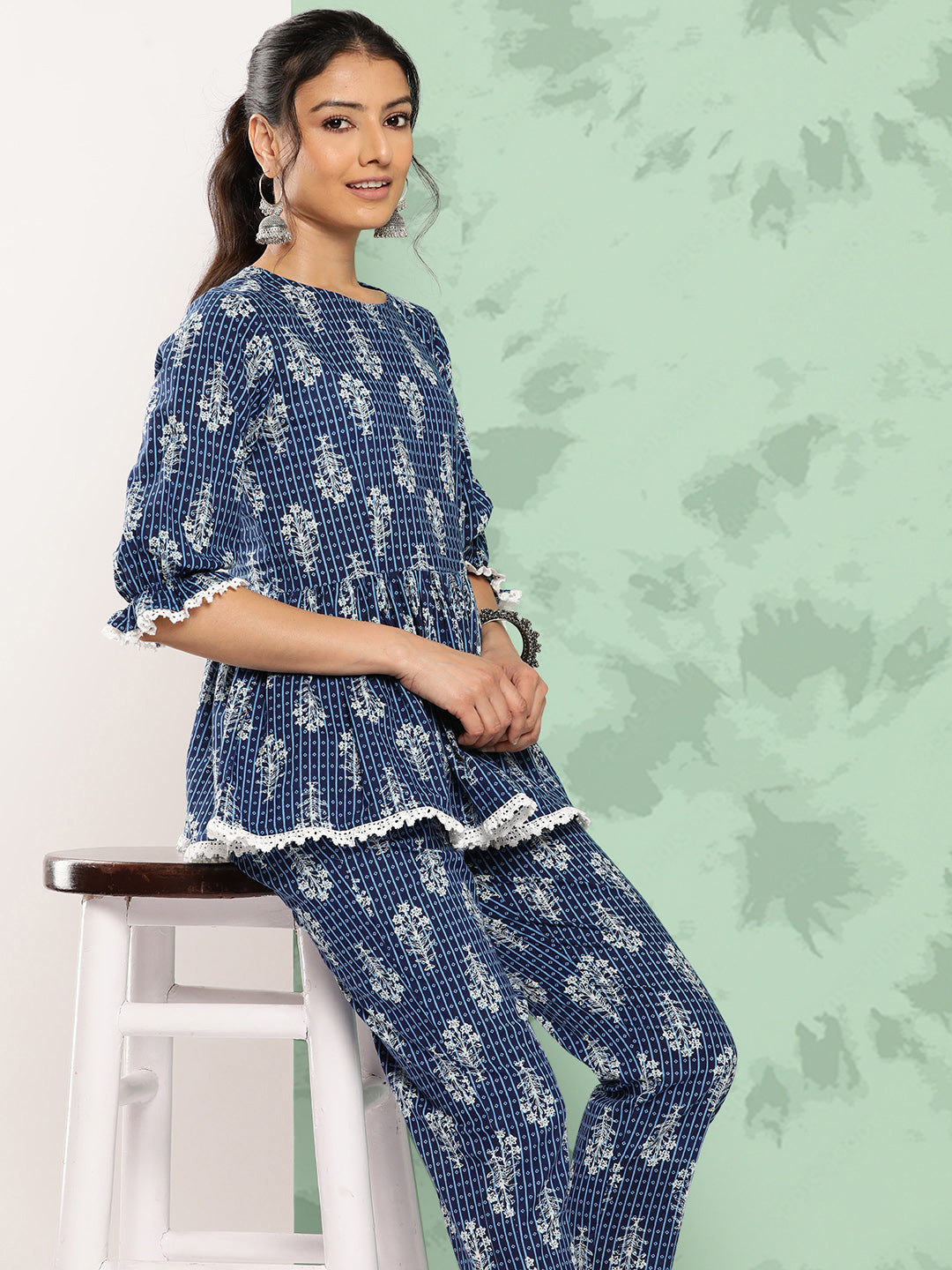 Janasya Women's Blue Cotton Floral Printed Peplum Casual Top Set