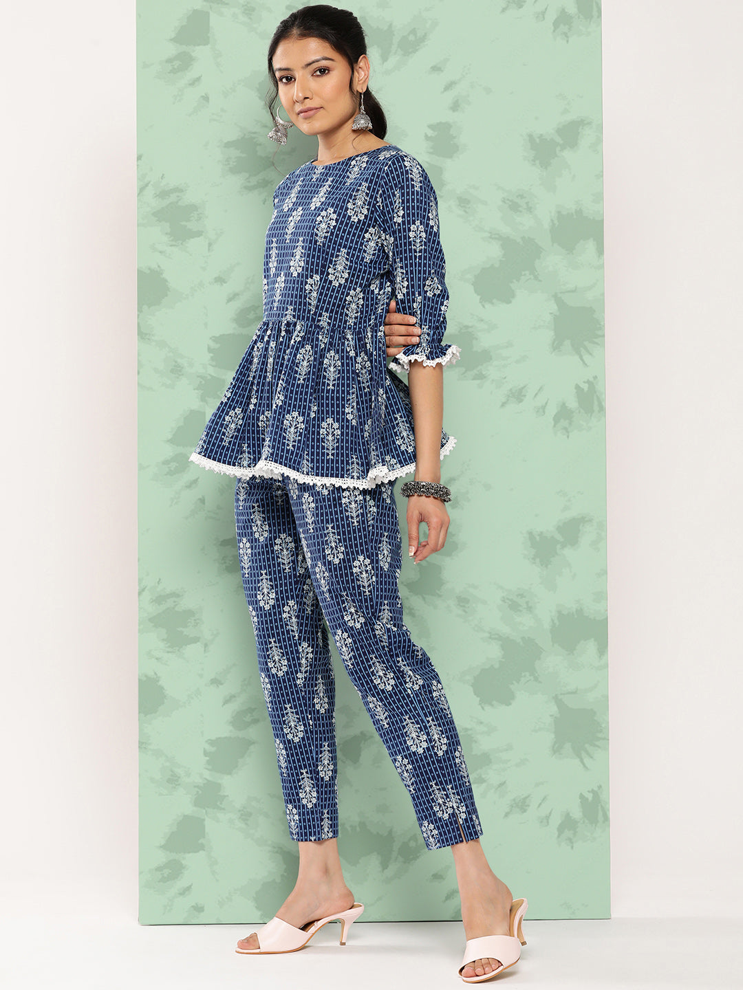 Janasya Women's Blue Cotton Floral Printed Peplum Casual Top Set