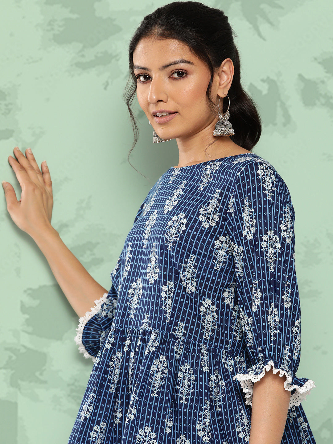 Janasya Women's Blue Cotton Floral Printed Peplum Casual Top Set