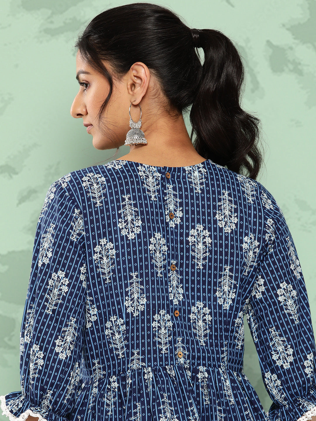 Janasya Women's Blue Cotton Floral Printed Peplum Casual Top Set
