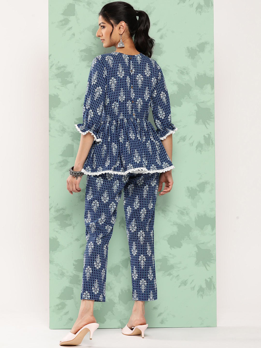 Janasya Women's Blue Cotton Floral Printed Peplum Casual Top Set