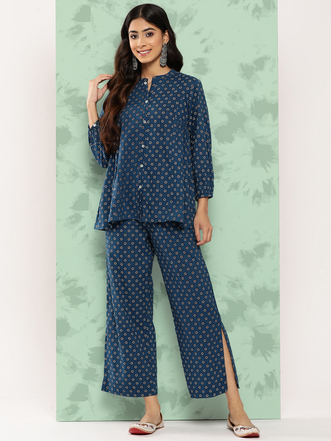 Janasya Women's Blue Cotton Floral Printed Gathered Casual Top Set