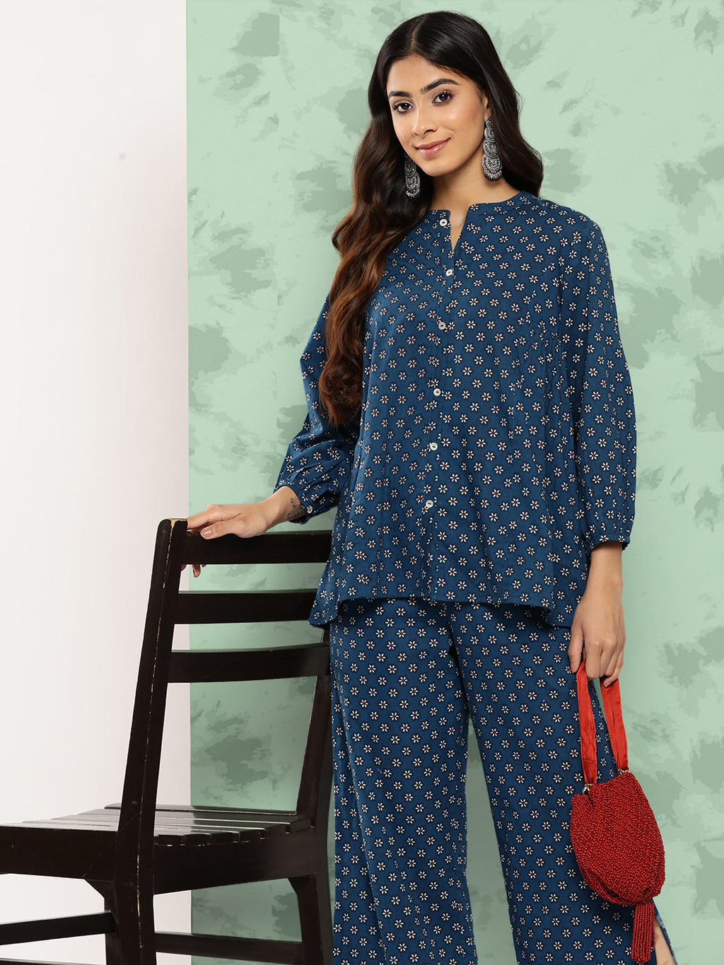 Janasya Women's Blue Cotton Floral Printed Gathered Casual Top Set