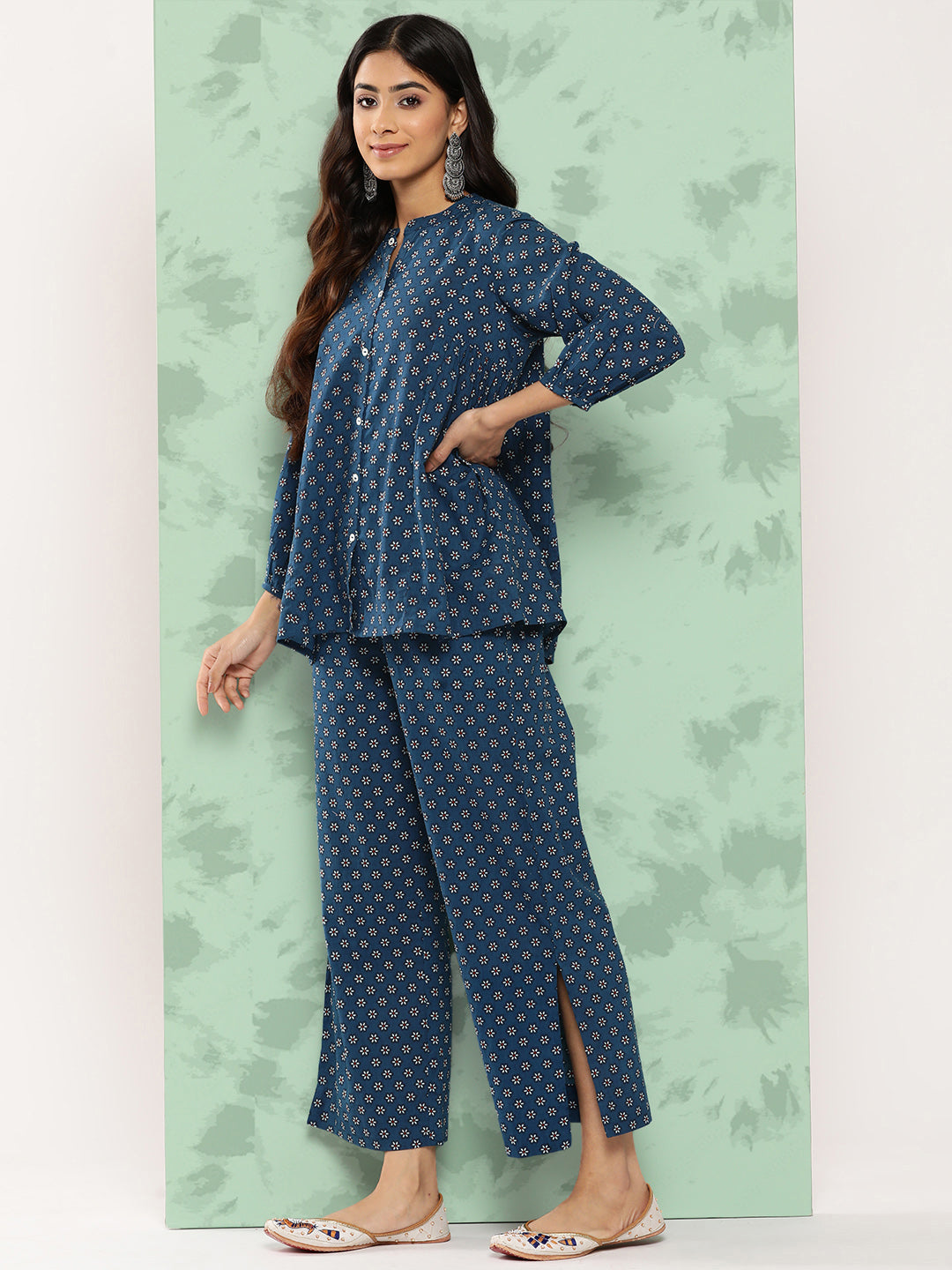 Janasya Women's Blue Cotton Floral Printed Gathered Casual Top Set