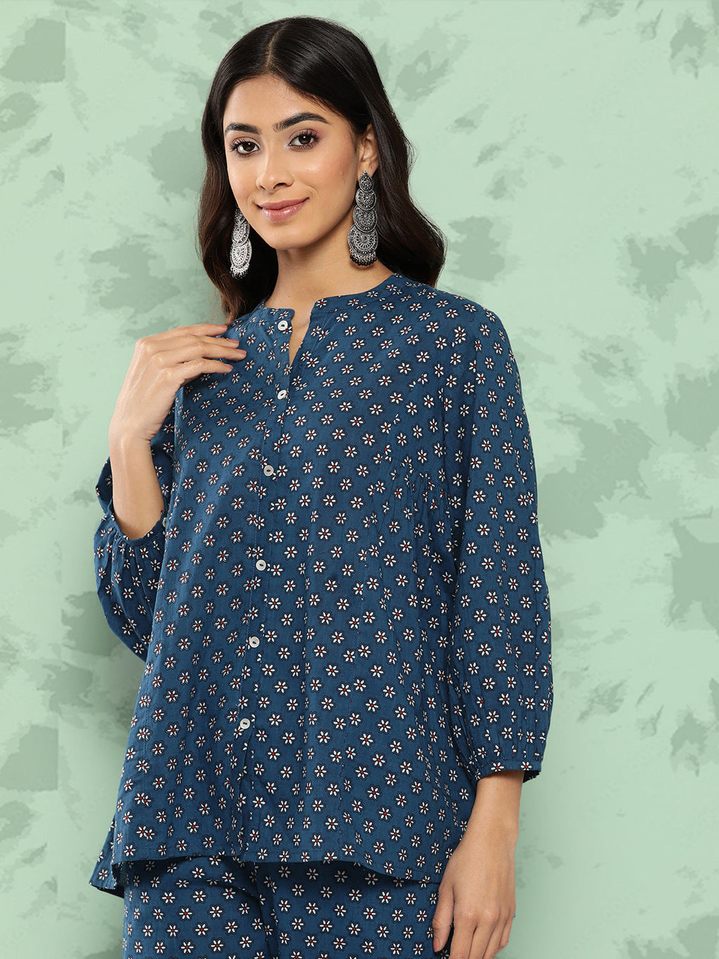 Janasya Women's Blue Cotton Floral Printed Gathered Casual Top Set